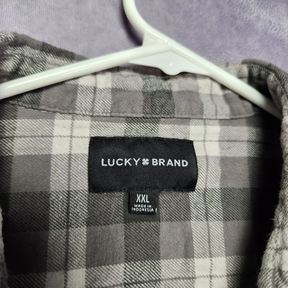 Lucky Brand Mens XXL Gray Plaid Flannel Button Down Shirt Cotton Long Sleeve